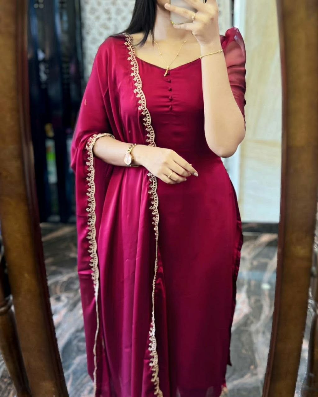 Beautifulness embroidery georgette wine kurti pant dupatta