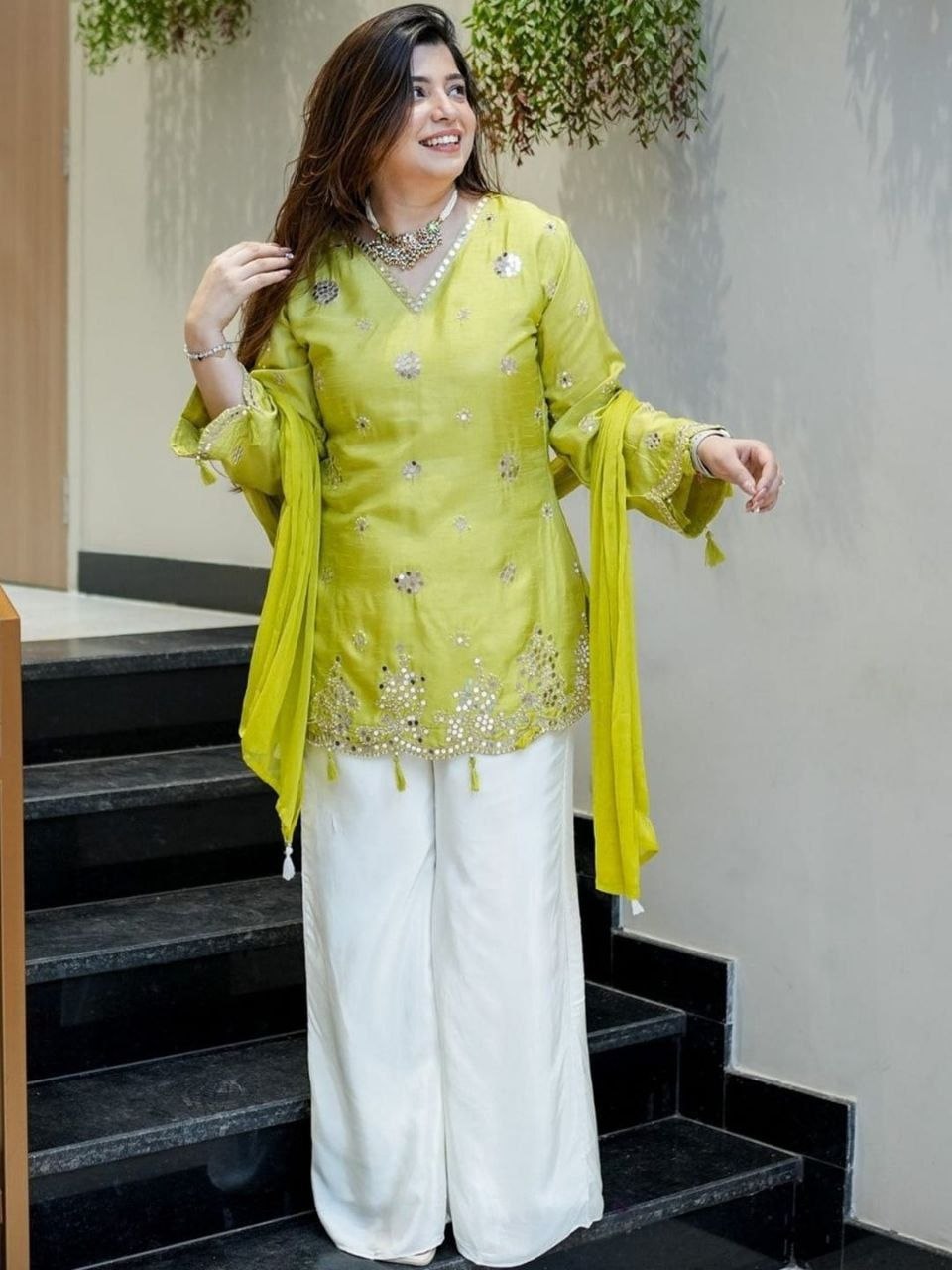 Appealing embroidery sequence viscose silk pista cord set