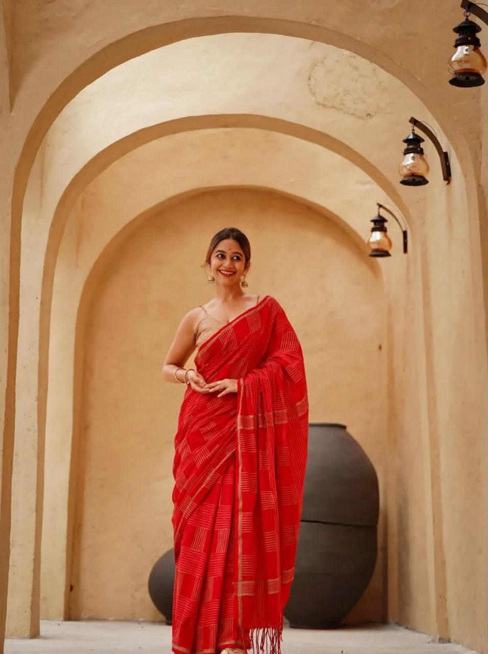 Angelic linen cotton red saree