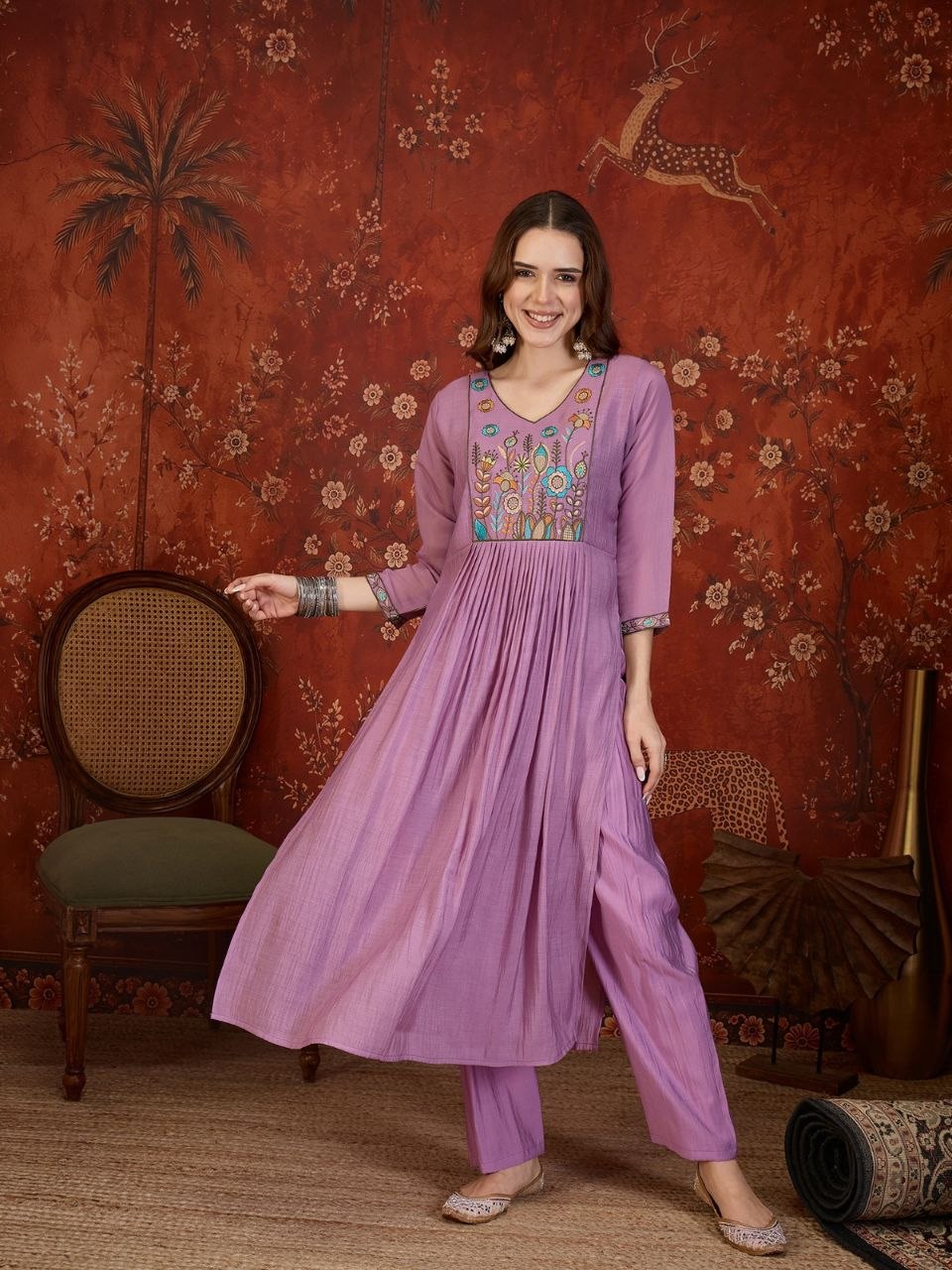 Wonderful embroidery chanderi purple kurta pant