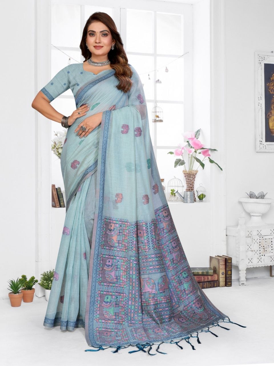 Wellness weaving jacquard cotton blue saree