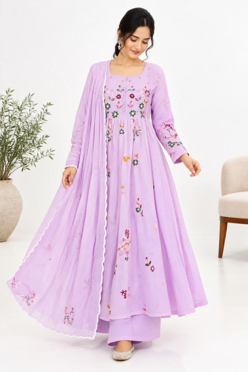 Timeless embroidery chanderi cotton silk purple anarkali suit