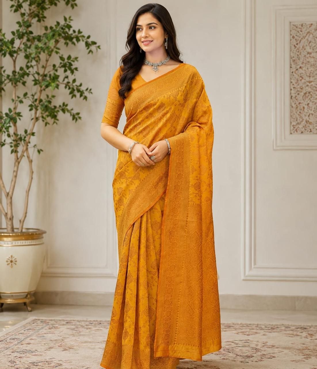 Superbly soft lichi silk yellow saree