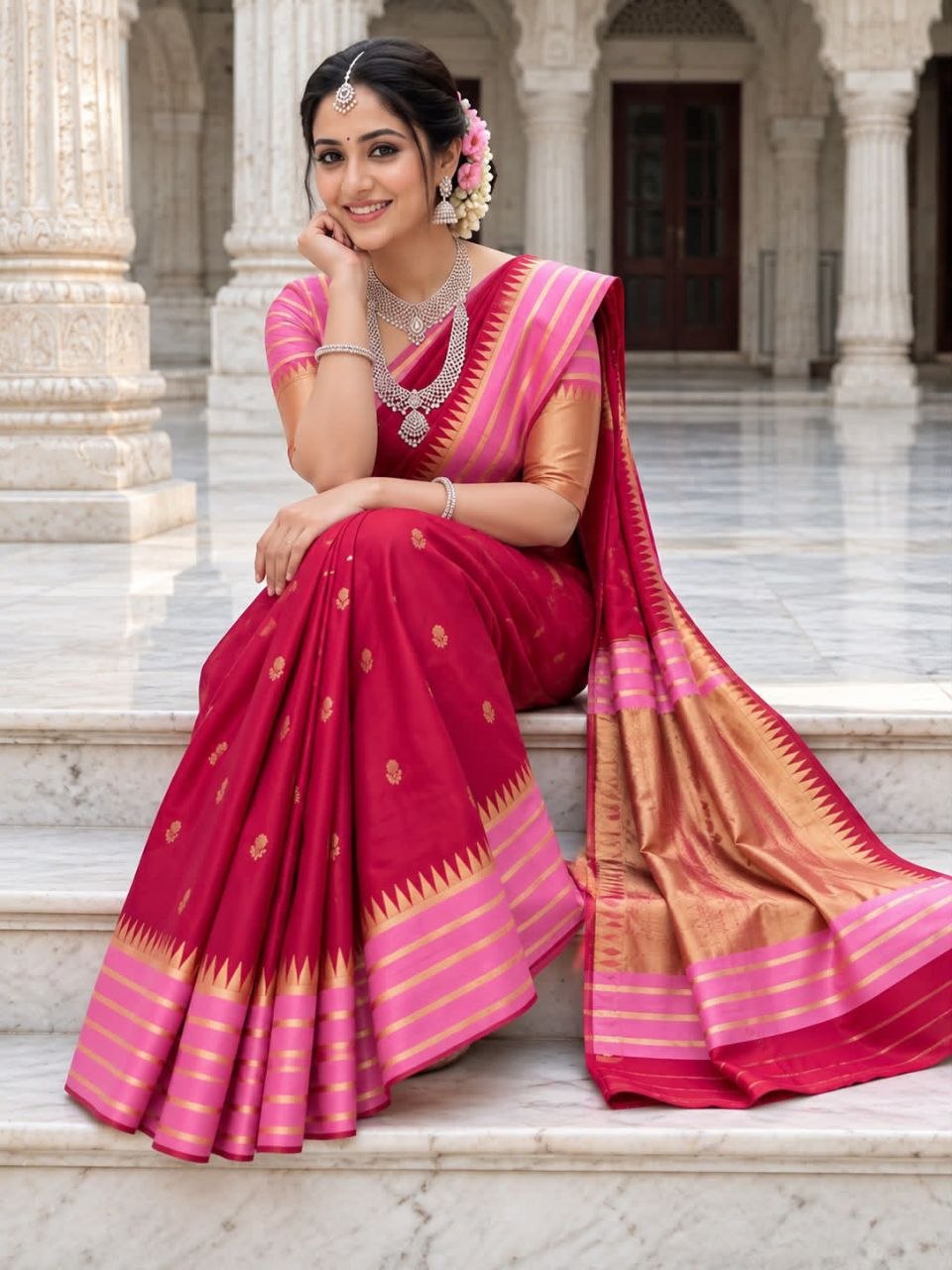 Surprising jacquard silk red saree