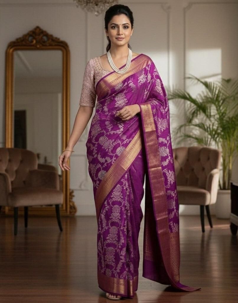 Unique embroidery banarasi silk purple saree
