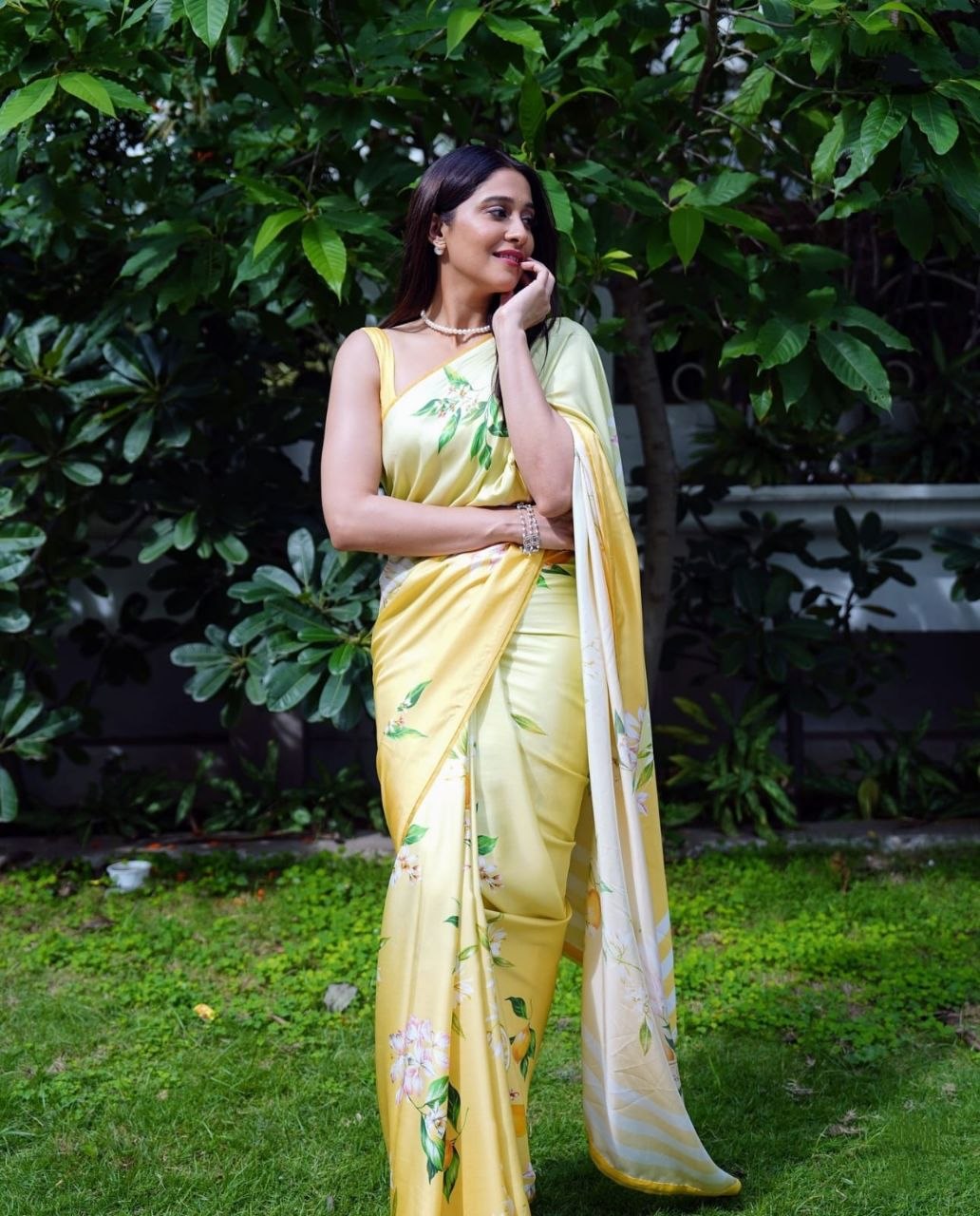 Launch digital print japan satin yellow saree