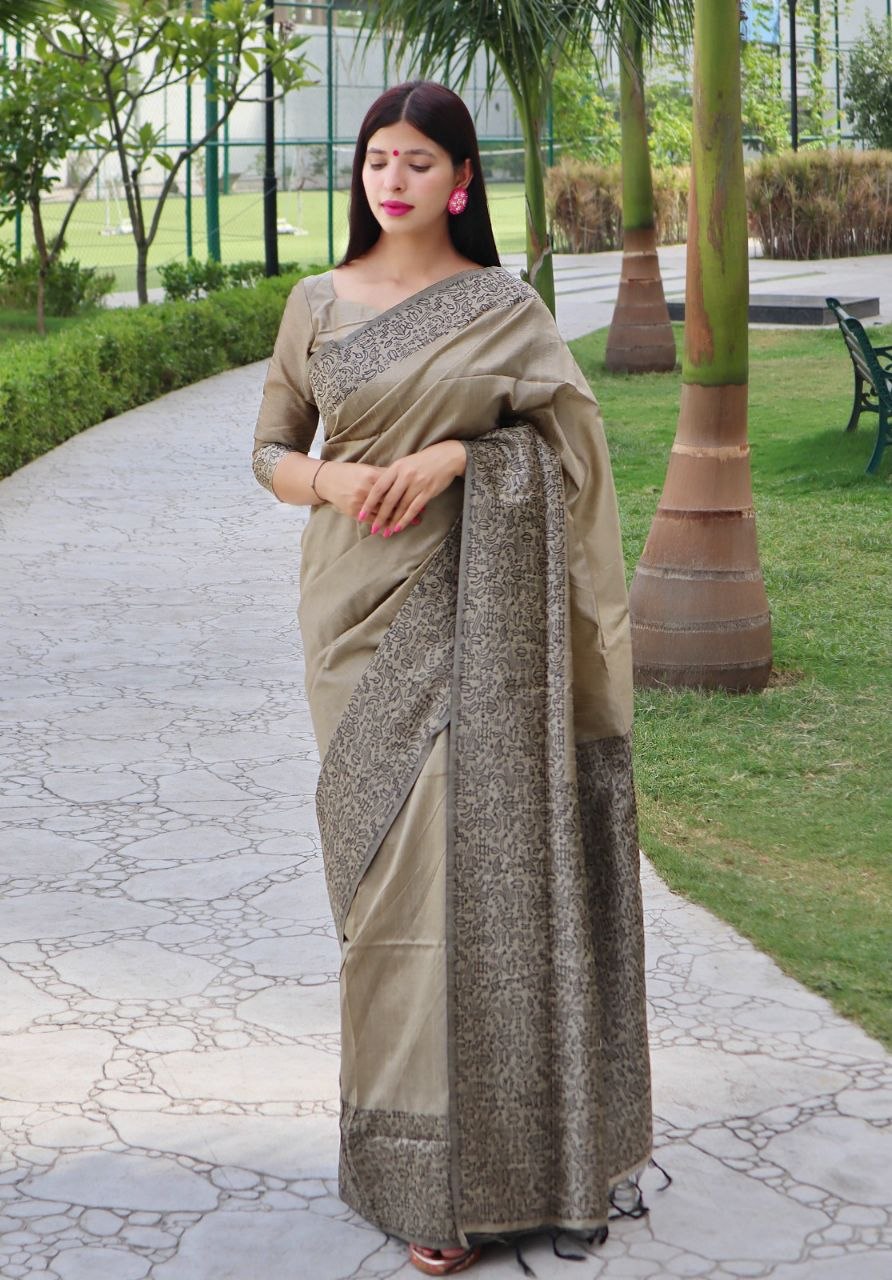 Again handloom raw silk mehendi saree