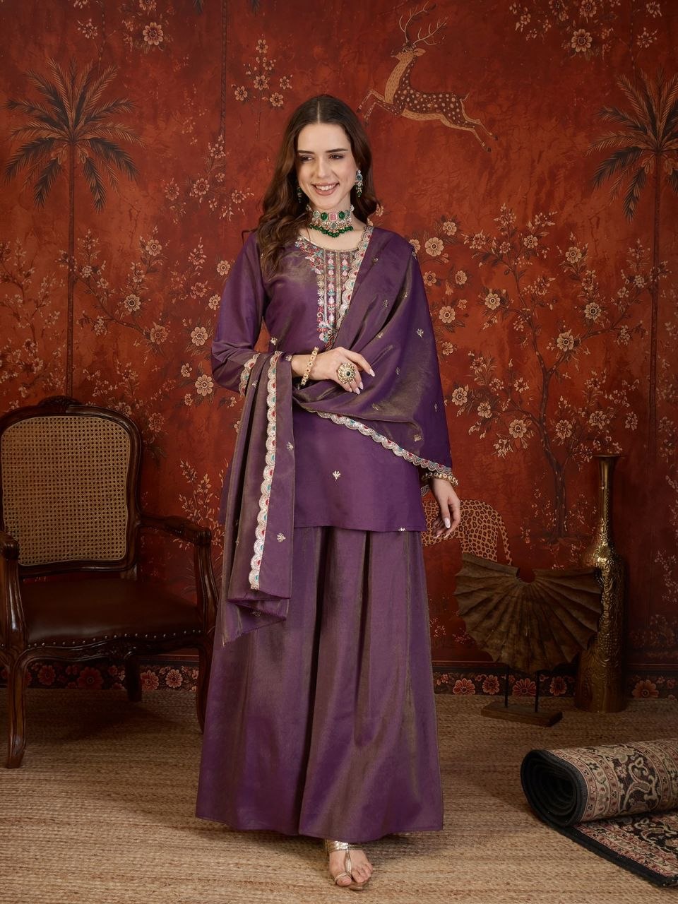Occasionally embroidery tissue silk purple palazzo suit