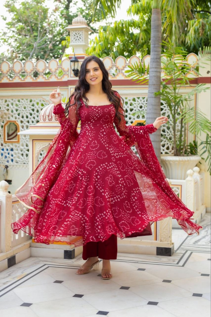 Designation printed alfino chiffon red anarkali suit