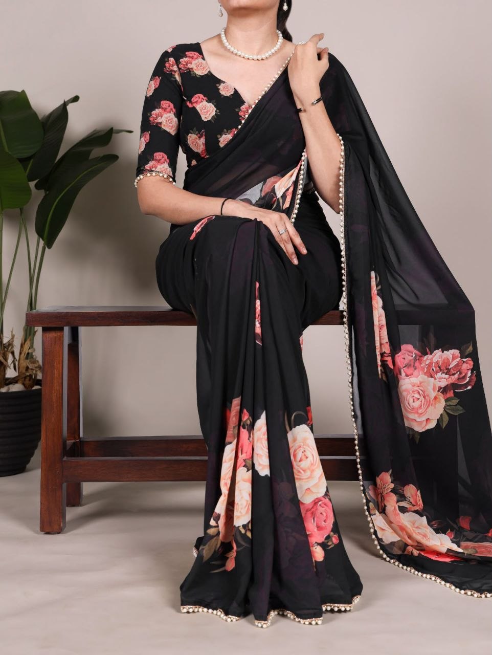 Lightweight digital print georgette black saree