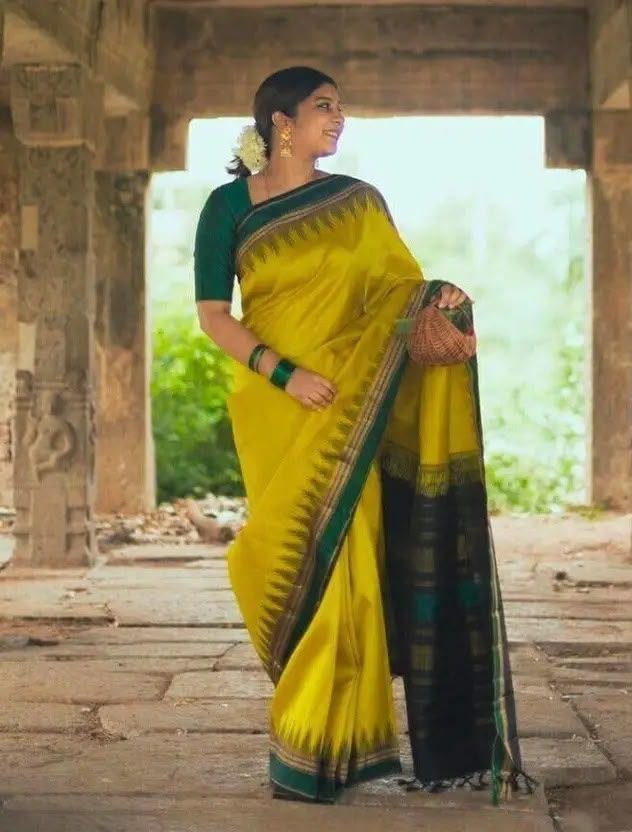 Ethnic rich pallu jacquard lichi silk yellow saree