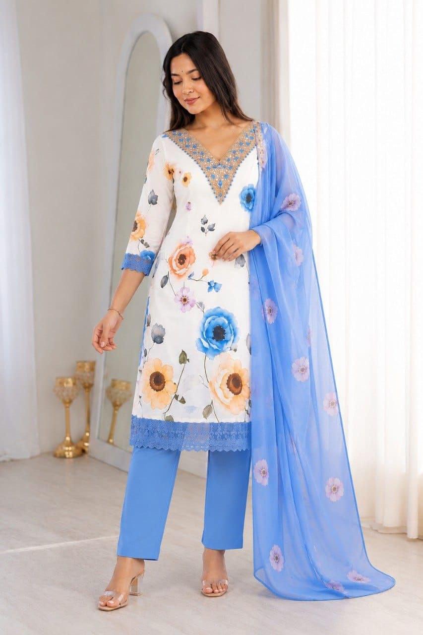 Traditional hand work chiffon blur kurti pant dupatta