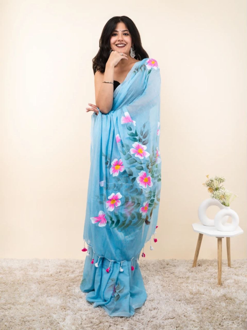 Premium weaving cotton blue saree
