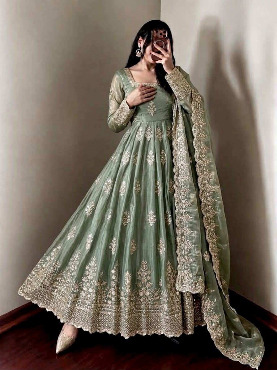Trending embroidery sequence silk cotton pista gown