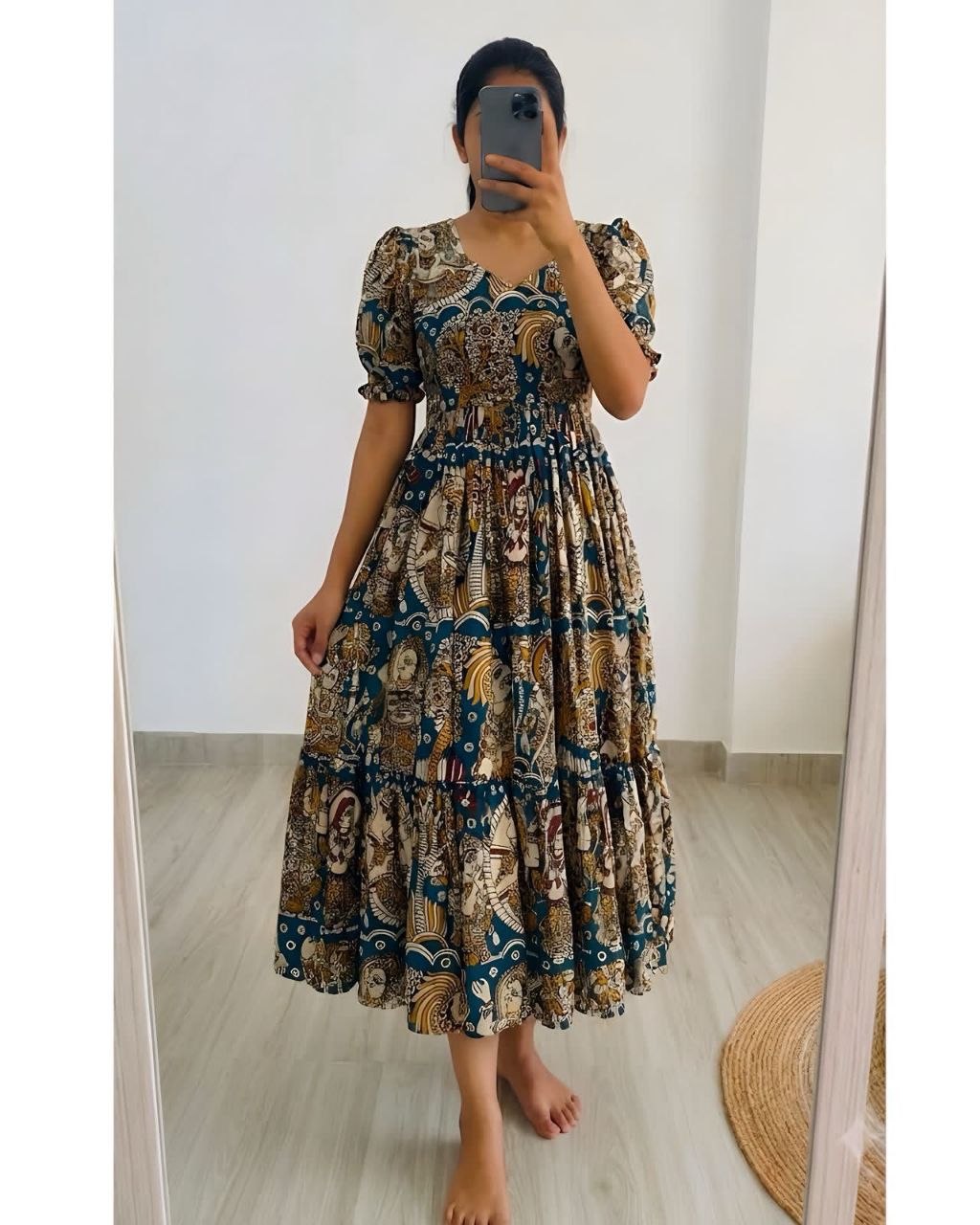 Completed digital print muslin cotton blue gown
