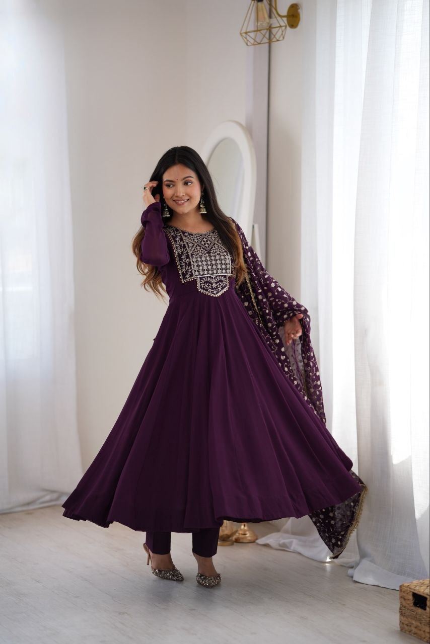 Registration embroidery sequence faux georgette purple anarkali suit