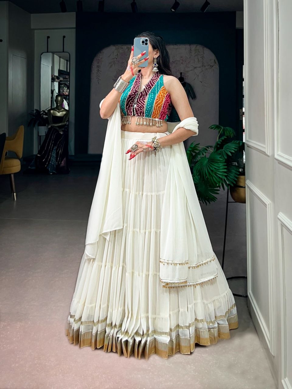 Navratri mirror lace print rayon white lehenga choli