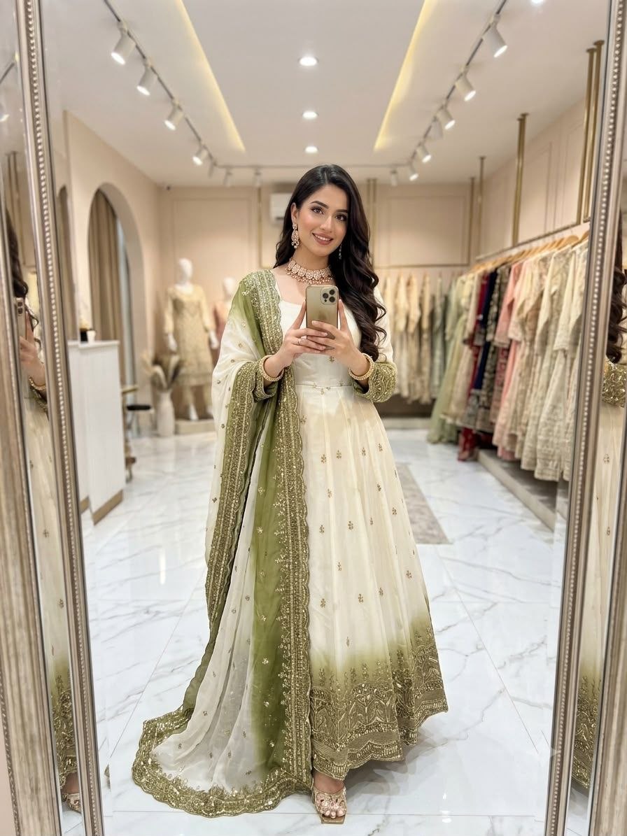 Trending embroidery sequence star georgette green gown