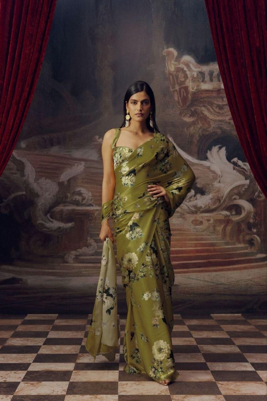 Original digital print japan satin mehendi saree