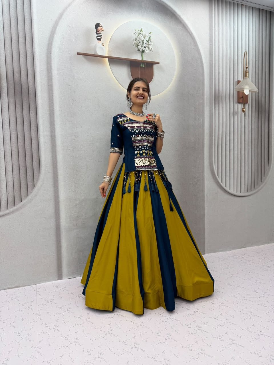 Modeling mirror ribbin cotton blue lehenga choli