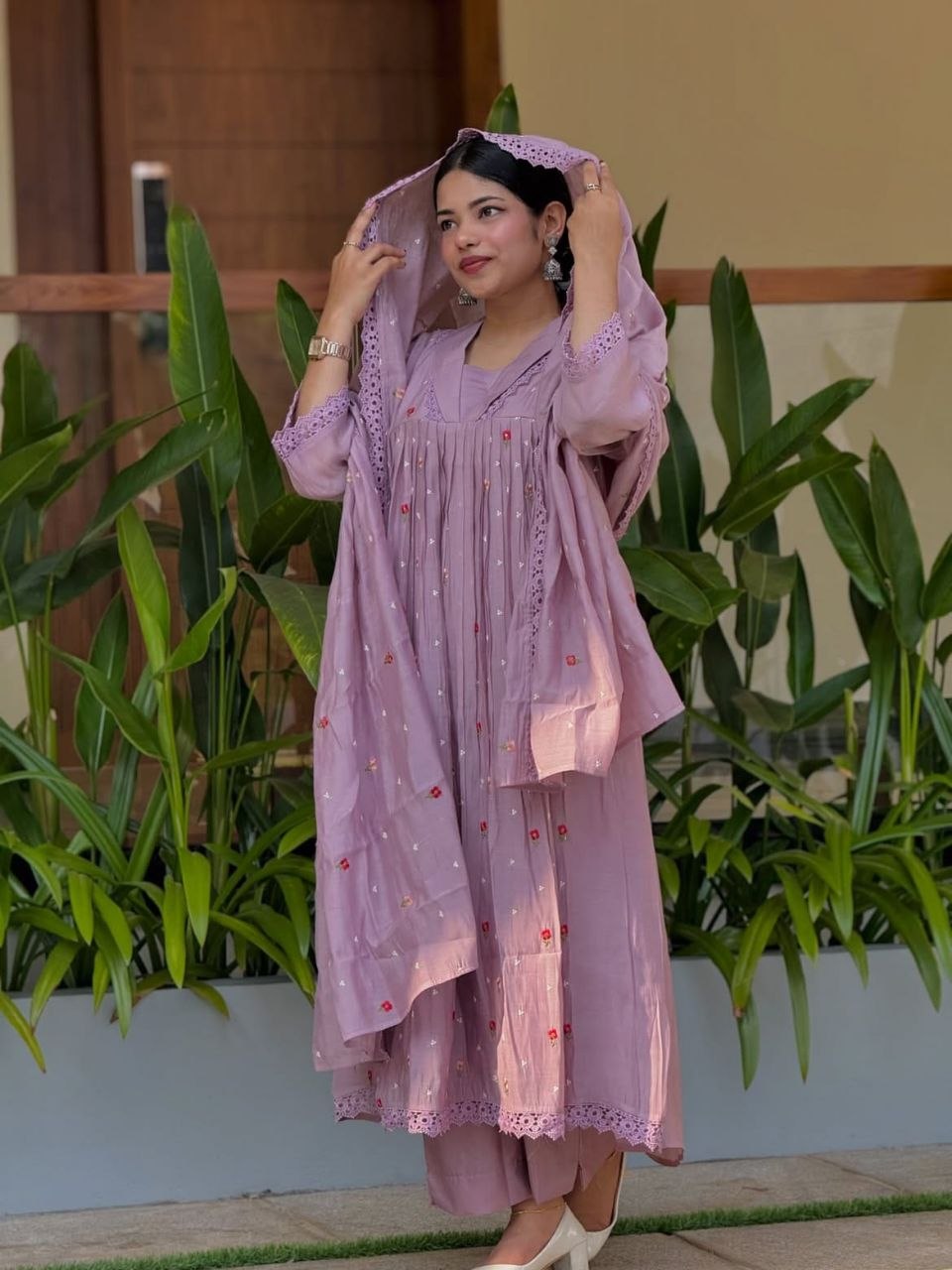 Premium pure mul chanderi cotton purple kurti pant dupatta