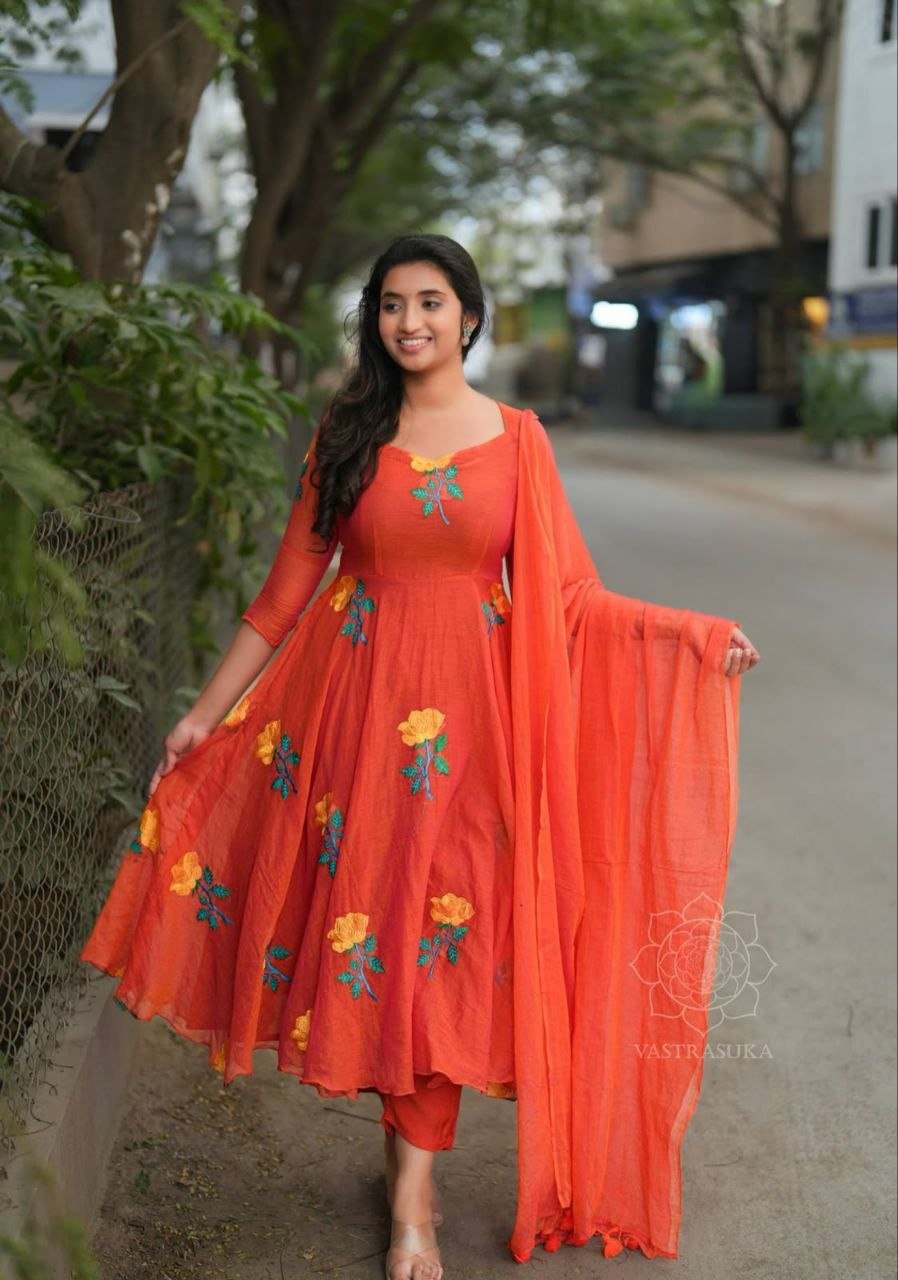 Shopping vichitra silk orange anarkali suit