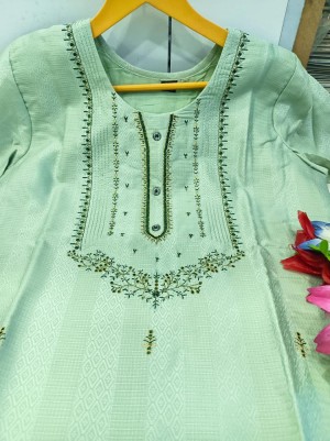 Pista Green Heavy Designer Jecqaurd Rayon Cotton With Beautiful Sequence Embroidery Work