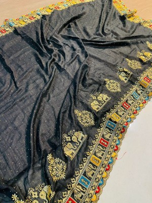 Black Embroidery Siroski Diamond Work Saree With Running Vichitra Silk Blouse