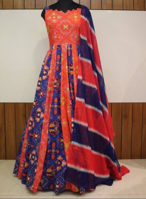 Designer Orange Anarkali Bandhej And Traditional Flaired Gown With Designer Dupatta