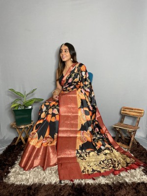 Pure Banarasi Silk Kalamkari Saree Flower Jacquard Digital Print With Tassels