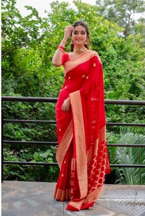 Soft Red Lichi Silk Saree With Extra Ordinary Design & Rich