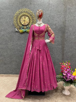 Trendy Embroidery Georgette Pink Gown