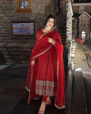 Designer Party Wear Georgette Red Gown pent With Dupatta