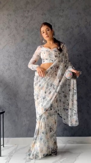 Ready to Wear Georgette Flowers Print White Saree