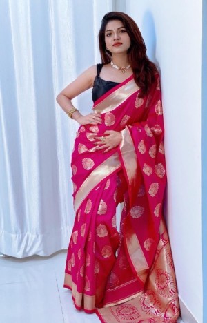 Traditional Look Pure Zari Golden Weaving Deep Pink Saree