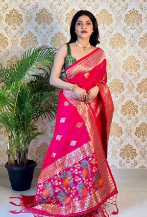 Beautiful Look Pure Zari Golden Weaving Dark Pink Saree