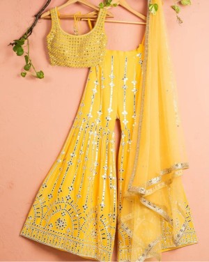 New Trend Embroidery Gorgette Yellow Choli Plazo With Dupatta