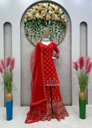 Beautiful Designer Georgette Red Sharara Suit