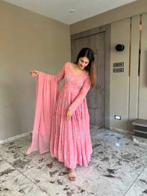 Fancy Style Designer Georgette Pink Anarkali Suit