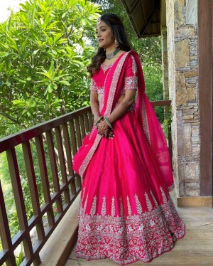 Rani Pink Embroidered Attractive Party Wear Silk Lehenga Choli