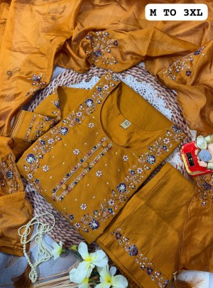 Traditional  Muslin Silk Hand Work orange Kurti With Dupatta Pents Set