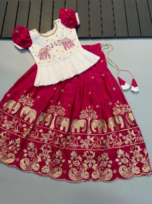 Presents Soft Chinnon Silk Full Stitched red Lehnga For Kids