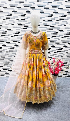 Floral Embroidered Digital Printed Gown for Kids with Belt