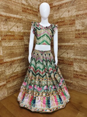 latest furr sequence embroidery cotton multi green lehenga