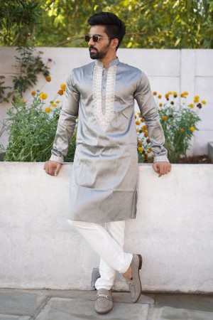 Designer cotton gray and blue kurta with pajama