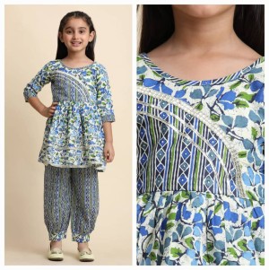 Designer cotton gray and sky blue and yellow Kurta and Afghani pant