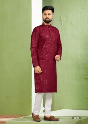 Embroidery sequence silk red kurta with pajama